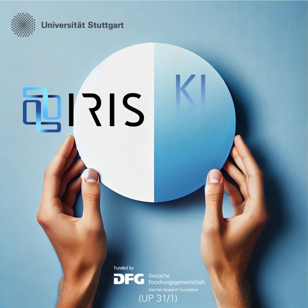 Zwei Hände halten eine runde Scheibe, auf der einen Hälfte in weiß ist das Logo von IRIS, auf der anderen Hälfte in blau stehen die Buchstaben KI.